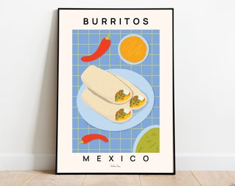 Puede incluir: Un póster con un fondo de cuadrícula azul y amarillo que presenta un plato con tres burritos, un tazón de salsa, un chile rojo y un tazón de guacamole. El póster tiene el texto "BURRITOS" en la parte superior y "MEXICO" en la parte inferior.