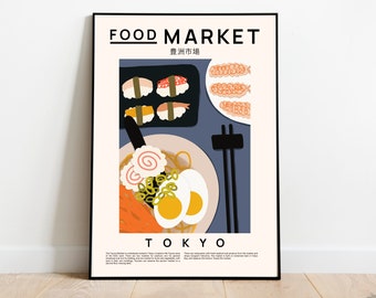 Tokyo Food Market Print, Sushi Ramen Poster, Kitchen Art