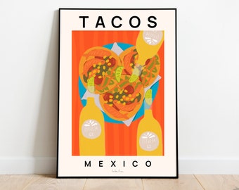 May include: A poster with the word "TACOS" in black text at the top and the word "MEXICO" in black text at the bottom. The poster features a colorful illustration of three tacos on a blue plate with two bottles of beer. The background is orange with white stripes.