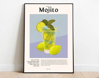 Mojito Recipe Art Print, Retro Cocktail Illustration