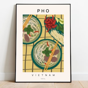 Pho poster, Vietnamese food art print, Vietnam cuisine, Asian food art, Pho illustration, Soup recipe art, Vietnam poster, Recipe art