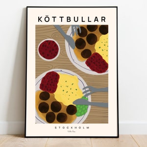 Cartaz de almôndegas suecas, impressão de arte de comida Kottbullar, impressão de Estocolmo, arte de comida sueca, arte de parede de cozinha, almôndegas com geléia de cranberry