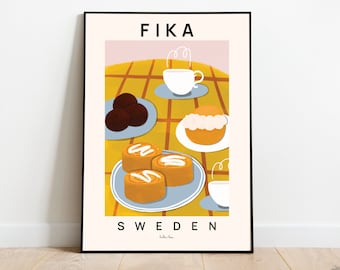 May include: A poster with the word "Fika" in black text on a white background. The poster features an illustration of a yellow tablecloth with a cup of coffee, pastries, and chocolate balls. The text "SWEDEN" is at the bottom of the poster.