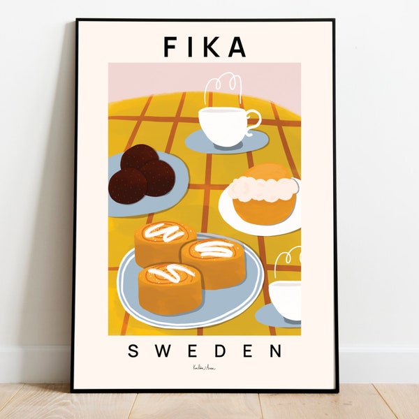 Fika poster, Swedish Fika art print, Scandinavian print, Chokladbollar, Cinnamon rolls, Cakes and coffee art, Semla, Food art