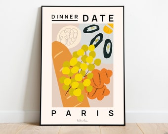 Food Paris print, Food poster, Modern wall art, Croissant illustration, kitchen print, France food,  French food art, Oysters croissants art