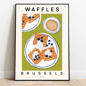 Waffles poster, Food print, Belgium waffles art print, Belgian waffles, Breakfast print, Kitchen wall art, Foodie gift, Breakfast waffles