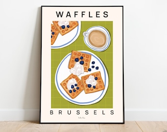 Waffles poster, Food print, Belgium waffles art print, Belgian waffles, Breakfast print, Kitchen wall art, Foodie gift, Breakfast waffles