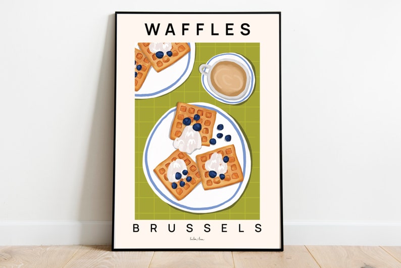 Waffeln Poster, Essen Druck, Belgische Waffeln Kunstdruck, Belgische Waffeln, Frühstücksdruck, Küche Wandkunst, Foodie Geschenk, Frühstückswaffeln Bild 1