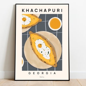 Khachapuri poster, Food art print, Cheese bread poster, Georgian cheese and egg bread illustration, Kitchen wall art, Food lover gift