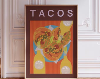 Póster de tacos, impresión artística de cocina, arte gastronómico mexicano, ilustración gastronómica, arte de cocina moderno, impresión gastronómica, inauguración de la casa, dibujo de comida mexicana