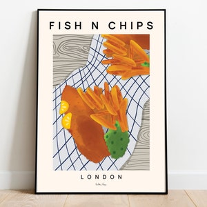 Fisch und Chips Poster, Küchen Kunstdruck, Lebensmittel Illustration, Lebensmittel Kunstdruck, Moderne Küchen Dekor, London, Housewarming, Restaurant