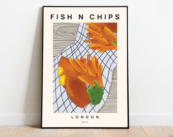 Fish and chips poster, Kitchen Art Print, Food illustration, Food Art print, Modern Kitchen Decor, London, Housewarming, Restaurant