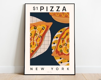 May include: A poster with a blue background and a grid pattern. The poster features three slices of pizza with yellow and red toppings. The text "$1 PIZZA NEW YORK" is printed on the poster.