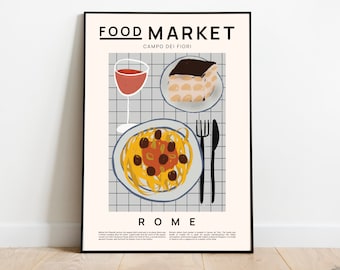 Food Market Rome Print, Pasta Tiramisu Kitchen Poster, Modern Wall Art