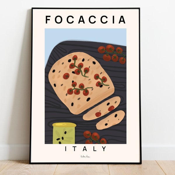 Focaccia poster, Food art print, Focaccia with rosemary, Bread artwork, Bakery art print, Italian food poster, Kitchen art, Housewarming