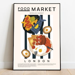 Lebensmittelmarkt London, Fish n Chips, schottisches Ei, englisches Frühstücksplakat, britische Küche, Stadtposter, Küchenwandkunst