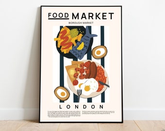 Food market London print, Fish n chips, Scotch egg, English Breakfast poster, British cuisine print, Borough market poster, Kitchen wall art