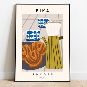 Poster Fika, stampa artistica alimentare, stampa artistica svedese Fika, stampa scandinava, Chokladbollar, panini alla cannella, torte e arte del caffè, Semla, Svezia