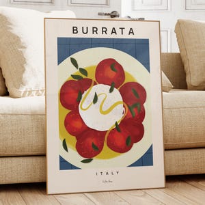 Poster artistico Burrata, Stampa artistica di cibo, Arte culinaria italiana, Poster di viaggio in Italia, Arte murale della cucina, Poster di formaggio, Poster di mozzarella, Arte dello chef
