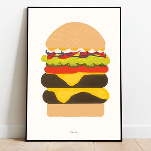 Burger poster, Food art print, Cheeseburger poster, Fast food art print, Kitchen wall art, Modern decor, Food illustration