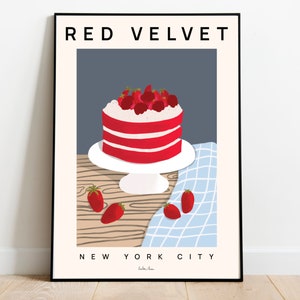 Red velvet cake art print, Cake art print, Red velvet poster, Food art print, Kitchen wall art,Bakery wall art, Desserts illustration,