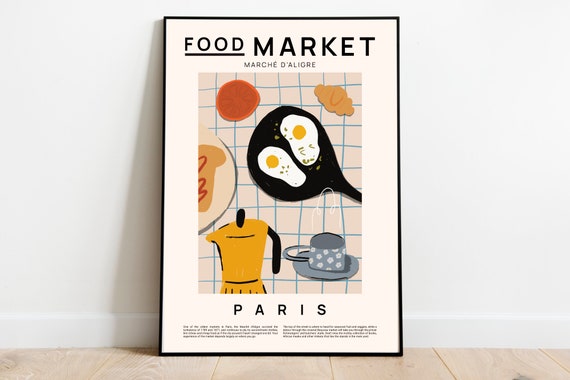 Food market Paris print, Food poster, modern wall art, food art, food illustration, kitchen print, kitchen wall art, kitchen poster,  A4, A3