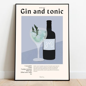 Gin Tonic Kunstdruck, Cocktail Poster, Cocktailrezepte Kunstdruck, Barwagen Kunst, Cocktailrezept Druck, Küchendekor, Bar Wandkunst
