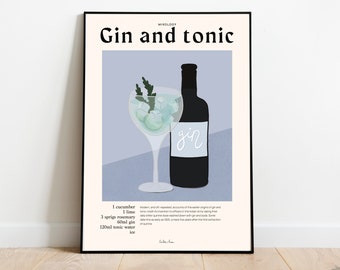 Gin and Tonic Recipe Art Print, Cocktail Poster, Bar Wall Decor