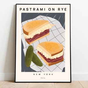 Sándwich de pastrami sobre pan de centeno, impresión artística de sándwich de pastrami, póster de comida, comida delicatessen de Nueva York, póster de sándwich de Nueva York, arte de pared de comida, regalo de comida