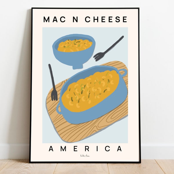 Macaroni and cheese poster, Mac n cheese art print, Pasta food print, Food wall art, Kitchen poster, Junk food art, American food art print