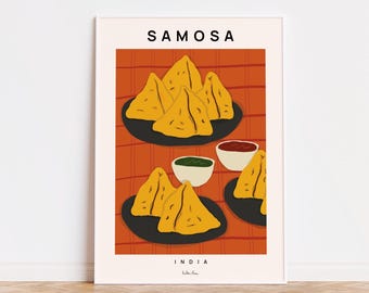 Samosa art poster, Food art print, Indian Pastry Modern Art, Asian Food Art, Fine Art Paper Print, Kitchen Decor for Food Lover