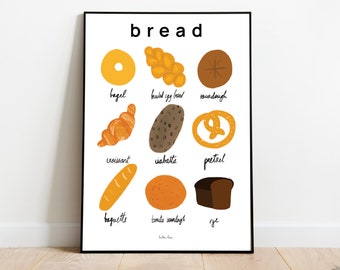 Bread print, Bread poster, Food art print, Bakery poster, Food illustration, Croissant Sourdough Bagel Pretzel illustration, Food poster