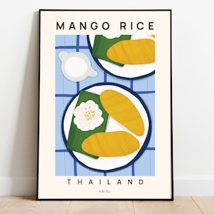 Mango sticky rice, Food poster, Asian food art, Thai food poster, Kitchen wall art, Trendy posters, Aesthetic wall art, Housewarming gift