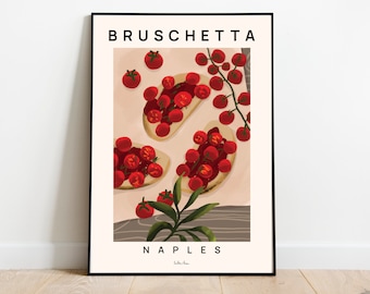 Bruschetta Kunstdruck, Food Poster, Trendy Retro Poster, Italienisches Antipasto Wandkunst, Moderne Küchendekoration, Italien Reiseposter, Basil tomaten