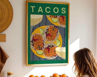Lámina artística de cocina con tacos, ilustración de comida mexicana