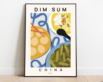 Puede incluir: Una ilustración colorida de un plato de albóndigas, un tazón de sopa y un plato de verduras verdes. El texto "DIM SUM" y "CHINA" está escrito en negro sobre un fondo blanco.