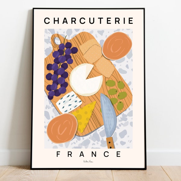 Tirage d’art de charcuterie, affiche de planche de charcuterie, affiche Français nourriture, art mural de cuisine, cadeau de pendaison de crémaillère, plateau de viande et de fromage