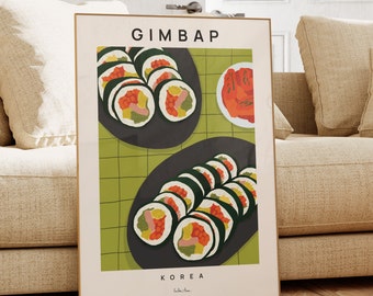 Póster de arte de Gimbap, póster de arte de comida, arte de comida coreana, ilustración de Gimbap, arte de pared de cocina, arte de pared de Kimbap, decoración de comida para el hogar, arte de chef