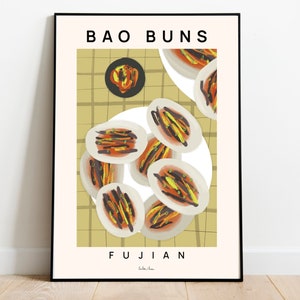 Bao buns poster, Asian food art print, Steamed buns wall art, Chinese Bao Dim Sum Food Modern Kitchen Decor, Home decor cosy, Food art print