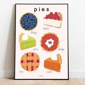 Pies art print, variety of pies poster, food illustration, kitchen art, kitchen wall decor