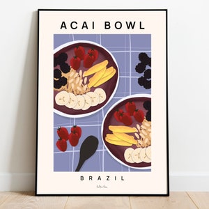 Póster de tazón de açai, impresión artística de tazón de batido, póster de desayuno, póster de recetas, arte de tazón de frutas, arte de desayuno, fruta exótica, arte de pared de cocina