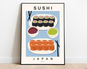 Sushi art print, Sushi Japan poster, Japan art print, Kitchen wall art, Food illustration, Modern kitchen decor, Asian food poster