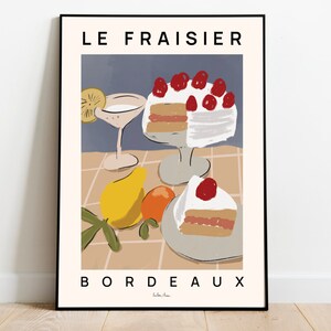 French cake art print, Cakes art poster, Brunch print, Kitchen wall art, Food art, Le Fraisier poster, French food print, Wall art decor