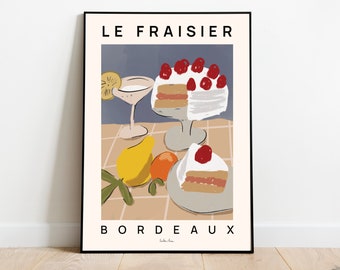 French cake art print, Cakes art poster, Brunch print, Kitchen wall art, Food art, Le Fraisier poster, French food print, Wall art decor