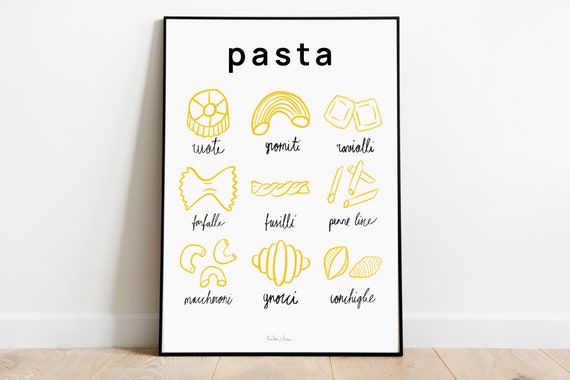 Pasta Variety print, pasta poster, food poster, housewarming gift, food illustration. kitchen art, kitchen wall decor, pasta art, A4, A3