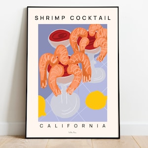 Póster de cóctel de camarones, Impresión de mariscos, Impresión de arte de comida, Obra de arte de California, Póster de cóctel de camarones, Arte de pared de cocina,