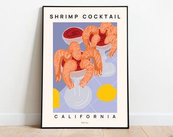 Shrimp cocktail poster, Seafood print, Food art print, California artwork, Prawn cocktail poster, Kitchen wall art,