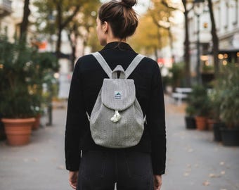 Small Hemp Backpack, black & white, handwoven, vegan