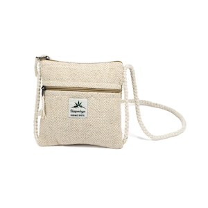 Hanf - Baumwolltasche, Brustbeutel, Brusttasche, Reisetasche, Reisebeutel, Handytasche, Organizer, zigzag Muster,  weiß - beige