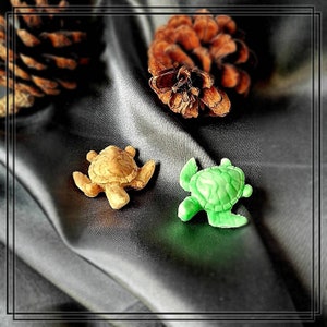Könnte beinhalten: Zwei kleine Schildkrötenfiguren, eine braun und eine grün, auf einem schwarzen Stoffhintergrund. Im Hintergrund ist auch eine braune Kiefernzapfen zu sehen.